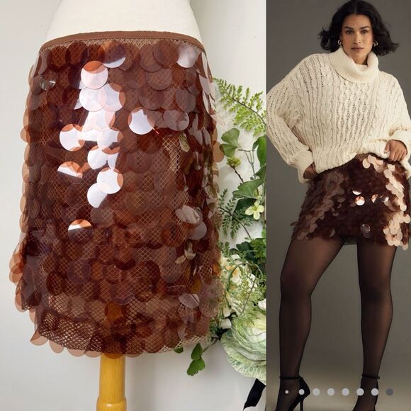 ANTHROPOLOGIE | Maeve sequin brown mini skirt | mermaid | size 12 NWT | cocoa - Picture 1 of 16
